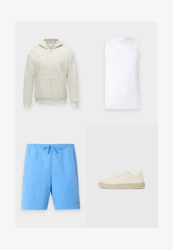 Sweat à capuche crème zippé avec capuche, poches avant et logo GAP embossé sur la poitrine.; Débardeur blanc sans manches en tissu côtelé avec encolure ronde sur fond clair uni.; Shorts décontractés bleu clair avec taille élastique et cordon, avec un petit logo "GAP" sur la partie inférieure de la jambe droite.; Baskets en toile blanches avec une semelle en caoutchouc texturée, présentant un capuchon de chaussure cousu et un accent de logo sur le talon. Design simple à lacets.