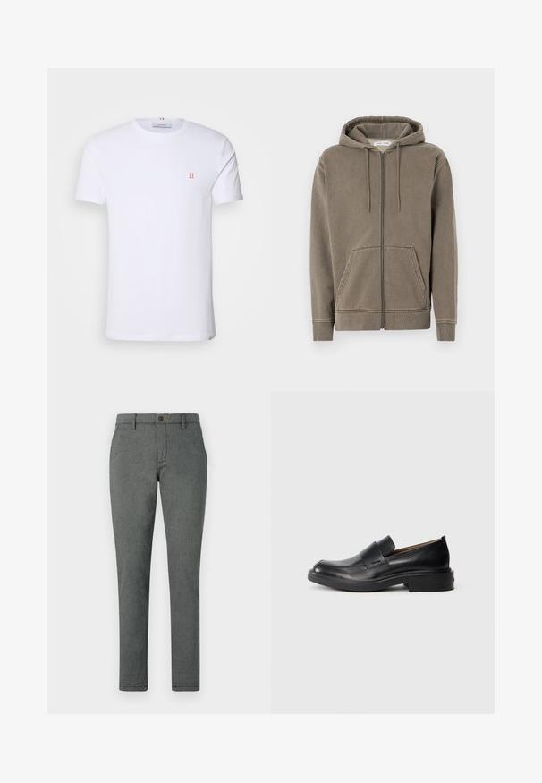 Zip-Hoodie in gedämpftem Olivgrün, aus weichem Stoff gefertigt. Verfügt über eine Kapuze mit Kordelzug, Fronttaschen und Rippbündchen. Einfaches Design.; Weißes Baumwoll-T-Shirt mit kurzen Ärmeln, das ein kleines orangefarbenes "II"-Logo auf der linken Brust und einen Rundhalsausschnitt aufweist. Einfaches Design und Textur.; Graue Hose aus strukturiertem Stoff, mit geradem Schnitt, Knopfverschluss und Gürtelschlaufen. Einheitliche Farbe ohne sichtbare Muster.; Schwarze Leder-Pantoletten mit niedrigem Absatz und dezentem Calvin Klein-Logo an der Seite, im Profil vor einem weißen Hintergrund dargestellt.