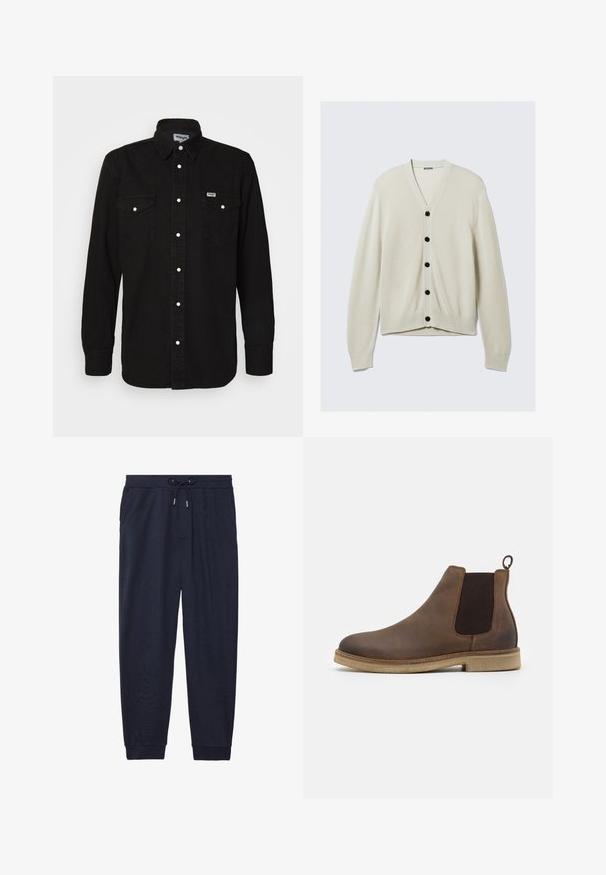Hellbeige Strickjacke aus weichem Strickstoff, mit V-Ausschnitt, schwarzen Knöpfen und langen Ärmeln mit gerippten Bündchen und Saum.; Schwarzes Button-Up-Hemd mit spitzem Kragen, zwei Brusttaschen, weißen Druckknöpfen und strukturiertem Stoff. Wrangler-Logo auf der linken Brust.; Navyblaue Jogginghosen aus weichem Material, mit elastischem Bund und Kordelzug, seitlichen Taschen und elastischen Bündchen an den Knöcheln.; Braune Leder-Chelsea-Stiefel mit elastischen Seitenpaneelen, abgerundeter Zehe, Zuglasche und einer hellbraunen strukturierten Sohle.