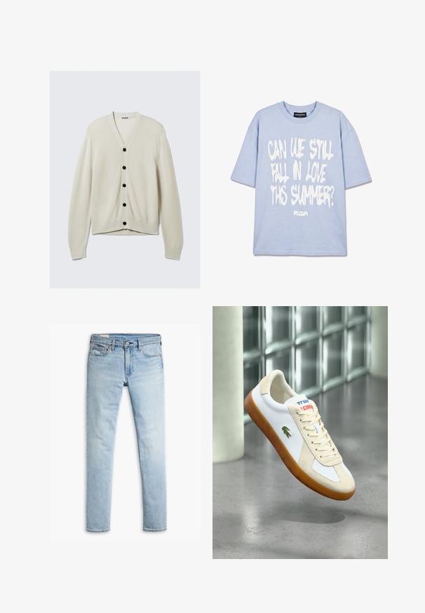 Cardigan beige clair en tissu maille doux, avec un col en V, des boutons noirs et des manches longues avec des poignets et un ourlet côtelés.; T-shirt bleu clair à manches courtes avec texte blanc « Peut-on encore tomber amoureux cet été ? » et marque « PEGADOR » sur l'étiquette du col.; Jeans en denim slim-fit bleu clair avec fermeture à bouton et fermeture éclair, poches avant et passants de ceinture sur fond blanc.; Baskets en cuir blanc avec accents en daim beige, lacets crème et semelle en caoutchouc marron. Présentent un logo vert sur le côté et un marquage coloré.