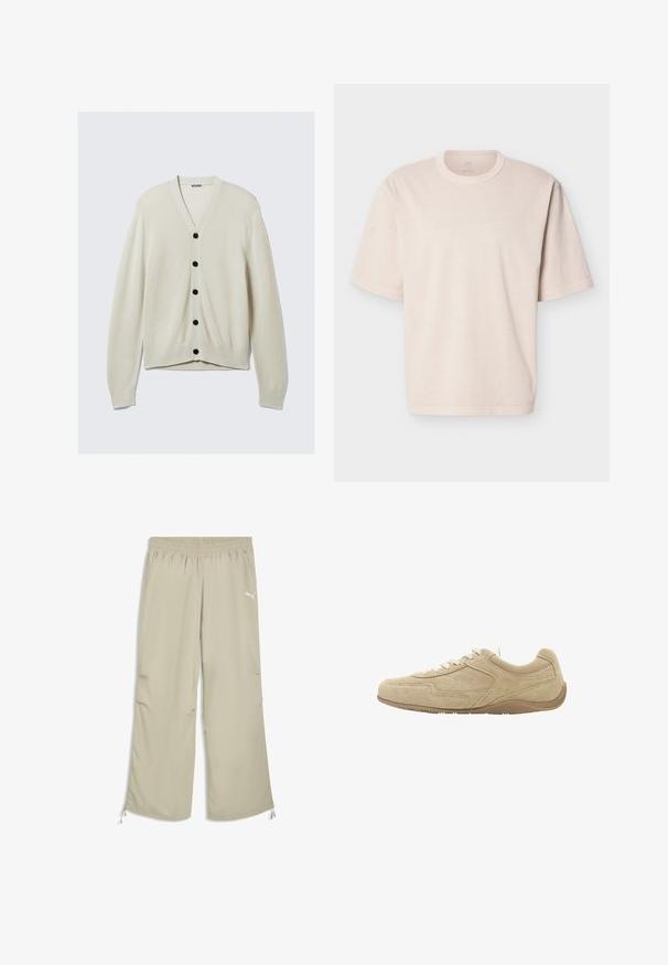 Cardigan beige clair en tissu maille doux, avec un col en V, des boutons noirs et des manches longues avec des poignets et un ourlet côtelés.; T-shirt beige oversize à manches courtes avec col rond et couture simple, présenté à plat sur un fond blanc.; Pantalon de survêtement Puma avec taille élastique beige clair, poches latérales et cordons réglables aux poignets de la cheville.; Baskets décontractées en daim beige avec des lacets blancs et une semelle en caoutchouc marron clair, vues de profil.