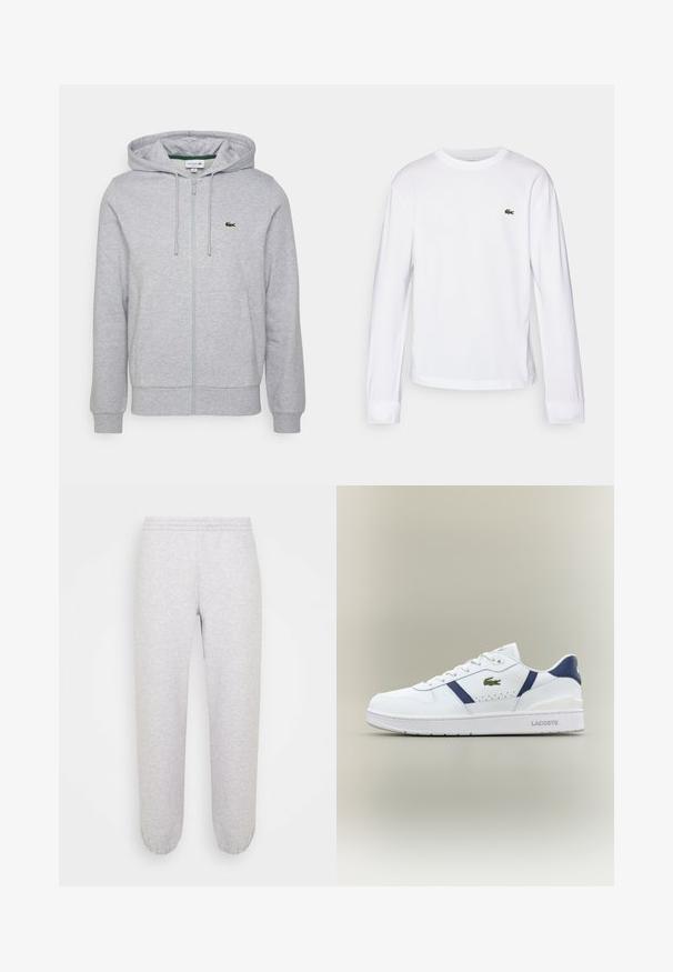 Hellgraue Zip-Hoodie aus weichem Stoff. Mit einer Kängurutasche und einem kleinen grünen Lacoste-Logo auf der linken Brust. Verstellbare Kapuze.; Weißes Langarm-T-Shirt aus Baumwolle. Verfügt über einen gerippten Rundhalsausschnitt und ein kleines, grünes gesticktes Logo auf der Brust. Einfaches Design.; Hellgraue Sweatpants aus weichem Stoff. Mit einem elastischen Bund und schmal zulaufenden Bündchen an den Knöcheln. Klassisches, lässiges Design.; Weiße Lacoste-Sneaker mit marineblauen Akzenten, grünem Krokodil-Logo, Schnürdesign und markierten Sohlen auf neutralem Hintergrund.