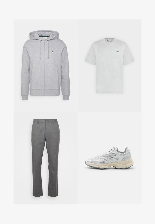 Sweat à zip gris clair en tissu doux. Il dispose d'une poche kangourou et d'un petit logo vert Lacoste sur la poitrine gauche. Capuche ajustable.; T-shirt gris clair à manches courtes et col rond avec petit logo crocodile vert Lacoste sur la poitrine gauche.; Pantalon gris ajusté en tissu texturé. Présente une taille plate, des passants de ceinture et une coupe droite. Pas de motifs ou d'accents visibles.; Baskets de sport blanches avec des accents gris, tige en maille et synthétique, design à lacets et semelle en caoutchouc texturée avec motifs de traction.