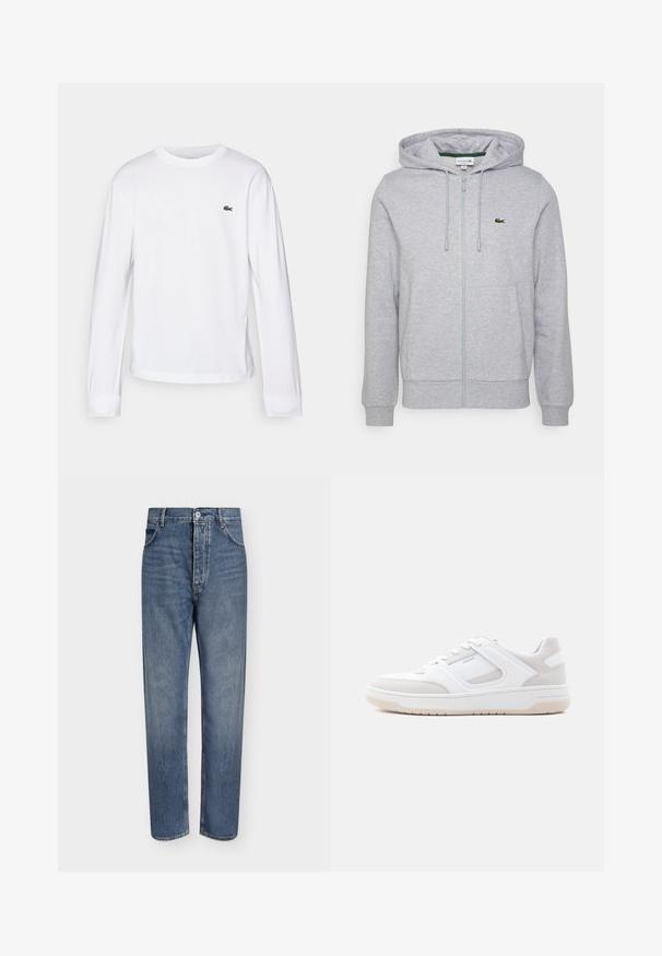 Lys grå zip-up hoodie lavet af blødt stof. Har en kengurulomme og et lille grønt Lacoste-logo på venstre bryst. Justerbar hætte.; Hvid langærmet T-shirt lavet af bomuld. Har en ribbet rund halsudskæring og et lille grønt broderet logo på brystet. Simpelt design.; Straight-leg blå denim jeans med høj talje, frontknaplukning og fem-lomme design på en ensartet lys baggrund.; Lavprofileret hvid og lysebeige sneaker med snørelukning, polstret krave og gummisål på en ensfarvet lys baggrund.