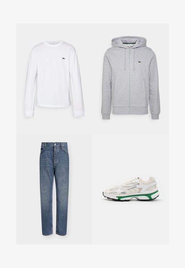 Sweat à zip gris clair en tissu doux. Il dispose d'une poche kangourou et d'un petit logo vert Lacoste sur la poitrine gauche. Capuche ajustable.; T-shirt blanc à manches longues en coton. Doté d'un col rond côtelé et d'un petit logo vert brodé sur la poitrine. Design simple.; Jean droit en denim bleu avec taille haute, fermeture à boutons sur le devant et design à cinq poches sur un fond clair uni.; Sneaker blanc avec accents verts et semelle en caoutchouc noir. Comprend des panneaux en mesh et en synthétique, avec une finition texturée et des coutures visibles.