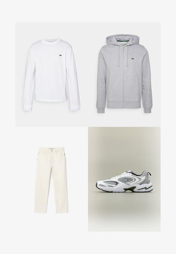 Vaalea harmaa vetoketjullinen huppari, joka on valmistettu pehmeästä kankaasta. Siinä on kengurupocket ja pieni vihreä Lacoste-logo vasemmassa rinnan kohdalla. Säädettävä huppu.; Valkoinen pitkähihaisen T-paita, joka on valmistettu puuvillasta. Siinä on ribattu pyöreä kaula-aukko ja pieni vihreä brodeerattu logo rinnassa. Yksinkertainen muotoilu.; Kermainen farkkukangas, jossa on suora lahkeiden leikkaus, kaksi etutaskua, napp closure ja hillitty logotuli vyötärön lähellä.; Valkoiset ja harmaat urheilulliset juoksukengät, joissa on verkkomaiset paneelit, vihreät yksityiskohdat, mustat yksityiskohdat ja logo sivulla, kuvattuna ulkosivusta.