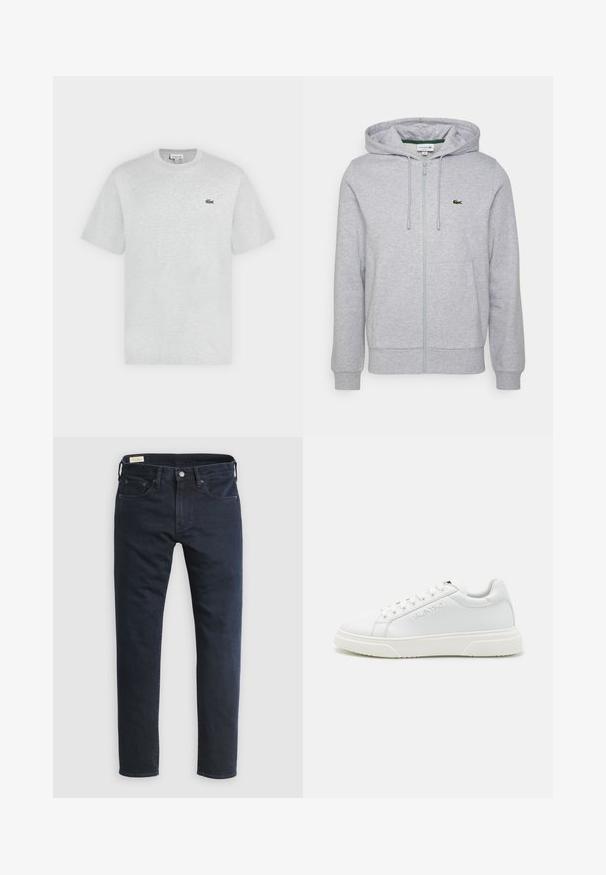 Hele halli tõmblukuga kapuutsiga jope, mis on valmistatud pehmest kangast. Omab känguru taskut ja väikest rohelist Lacoste logo vasakul rinnal. Reguleeritav kapuuts.; Helehall lühikeste varrukatega ümara kaelusega T-särk väikese rohelise Lacoste krokodilli logoga vasakul rinnal.; Tume sinised denimist teksad sirge säärega, viie taskuga, esikinnisega nööpidega ja minimaalsete õmbluste detailidega.; Valged nahast tossud madala ülemise disainiga, millel on toon-toonis õmblused ja tekstuuriga kummist tald. Brändi logo on švaibroodeeritud küljele.