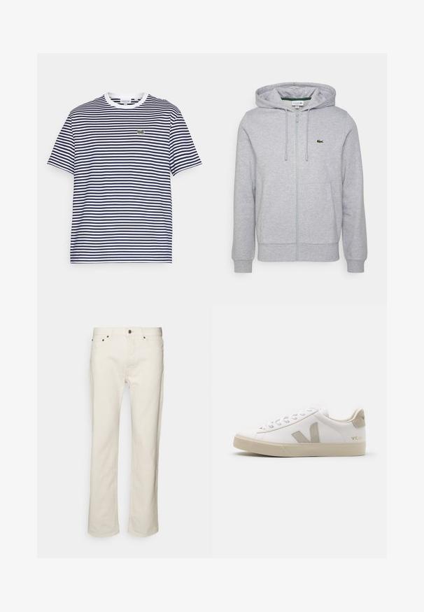 Hellgraue Zip-Hoodie aus weichem Stoff. Mit einer Kängurutasche und einem kleinen grünen Lacoste-Logo auf der linken Brust. Verstellbare Kapuze.; Gestreiftes Baumwoll-T-Shirt in Marineblau und Weiß mit Rundhalsausschnitt und kurzen Ärmeln. Mit einem kleinen grünen Krokodil-Logo auf der Brust.; WOOD WOOD RIGID - Jeans Relaxed Fit - off white; Weiße Ledersneaker mit beigen Akzenten, flacher Gummisohle, runder Zehenpartie und kontrastierendem Logo an der Seite und Rückseite. Mit Schnürdesign.