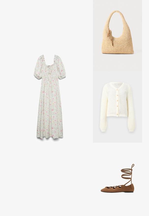 Hvid åbenstrikket cardigan med lange ærmer og fem beige knapper foran, med V-udskæring og ribstrikkede manchetter.; Hvid ankellang kjole med puffede ærmer, rynket korset, bindesløjfe ved halsen og pink blomsterprint.; Brune ruskind ballet flats med spids tå, udskårent design og krydsede stropper. Har guldfarvede øjer og en flad sål.; Vævet beige håndtaske med et buet håndtag, struktureret overflade og en brun frynse detalje. Har en afslappet, hobo-form.