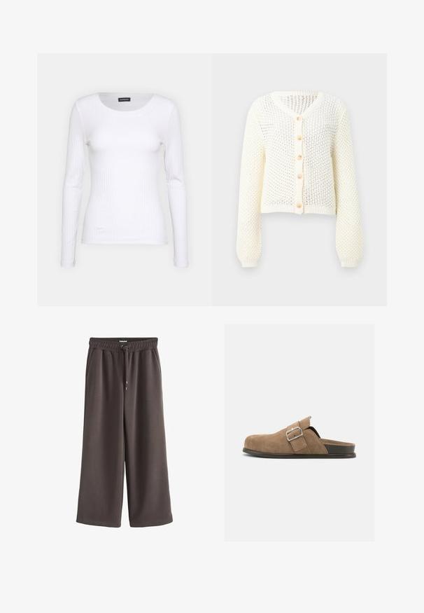 Cárdigan abierto de punto blanco con mangas largas y cinco botones beige en la parte delantera, con escote en V y puños acanalados.; Top de manga larga blanco con cuello redondo. Fabricado en una tela elástica que se ajusta al cuerpo. Presenta sutiles líneas horizontales.; Pantalones marrones de pierna ancha con cintura elástica y cordón, con bolsillos laterales y textura de tela suave.; Zapato marrón de ante tipo slip-on con suela negra y correa ajustable con hebilla, vista lateral sobre un fondo blanco liso.