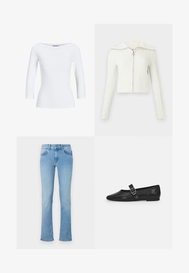 Witte gebreide zip-up trui met textuurpatronen, lange mouwen, een brede kraag en een ronde ritssluiting.; Witte geribbelde longsleeve top met een bootnek. De stof is soepel, aansluitend en heeft een nette afwerking bij de mouwen en de zoom.; Lichtblauwe denim jeans met een strakke taille, uitlopende pijpen, een vijf-pocket ontwerp en een knoopsluiting. De stof heeft een zachte textuur.; Zwarte leren platte schoen met een ronde neus, een enkele verstelbare gespsluiting en een gladde, glanzende textuur. Minimalistisch ontwerp met een lage hak.