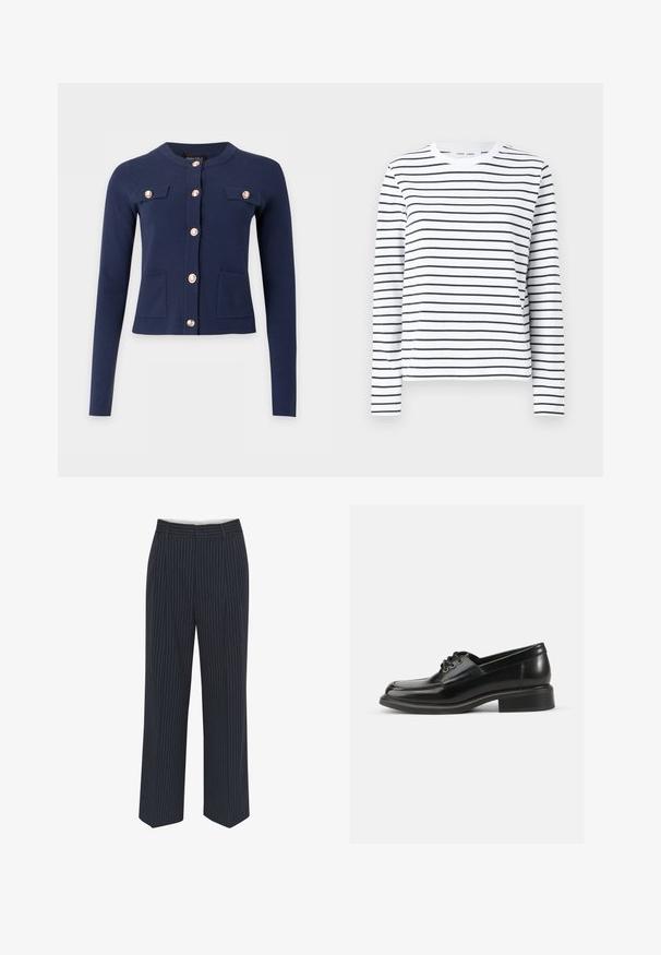Cardigan bleu marine à manches longues avec col rond, boutons dorés sur le devant, deux poches poitrine à rabat et deux poches inférieures.; Chemise à manches longues en coton blanc avec des rayures horizontales noires. Présente un col rond et une coupe décontractée. Pas d'accents ou de motifs notables.; Pantalons bleu marine avec des rayures verticales blanches, design à jambes larges, tissu lisse, passants de ceinture et pli sur le devant pour un look ajusté.; Chaussure habillée en cuir noir avec une texture lisse, bout rond, laçage à deux œillets et un talon carré solide. Design simple sans motifs.