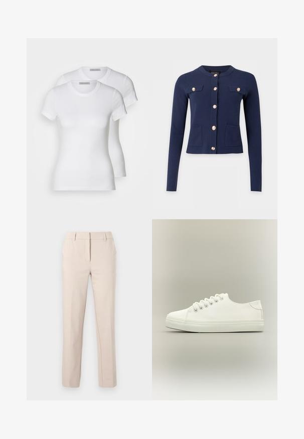 Cardigan bleu marine à manches longues avec col rond, boutons dorés sur le devant, deux poches poitrine à rabat et deux poches inférieures.; Deux t-shirts en coton blanc à manches courtes, à encolure ronde et à coupe ajustée, présentant une texture lisse et un design minimaliste.; Pantalon beige ajusté à jambe droite avec passants de ceinture, fermeture éclair frontale et bouton, sur un fond clair uni.; Baskets basses blanches avec lacets blancs et semelle en caoutchouc, vues de côté sur un fond neutre.