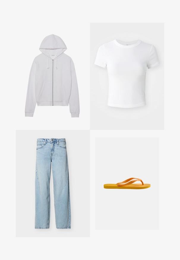 Witte zip-up hoodie van zachte stof, met een capuchon, trekkoorden en voorzakken. Eenvoudige, comfortabele pasvorm met ribgebreide manchetten en onderkant.; Effen witte cropped t-shirt met korte mouwen en ronde hals, weergegeven op een neutrale lichte achtergrond.; Lichtblauwe denim jeans met rechte pijpen, voorzakken, riemlussen en knoopsluiting op een effen witte achtergrond.; Gele teenslipper met een gestructureerde zool en oranje rubberen bandjes tegen een effen lichtgrijze achtergrond.