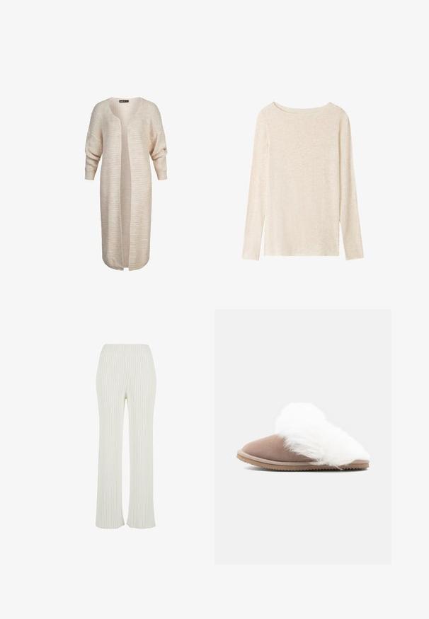 Cárdigan de punto color beige claro con un ajuste holgado, mangas largas, frente abierto y un patrón texturizado en toda su extensión. Diseño simple y versátil.; Top de punto beige claro de manga larga con escote barco y una textura jaspeada sutil.; Pantalones de punto acanalado de color crema con un diseño acampanado. Cuenta con una amplia cinturilla elástica y rayas verticales para mayor textura.; Zapatilla deslizante de ante marrón con un grueso forro de piel sintética blanca y suela de goma estriada, mostrada de lado sobre un fondo blanco.