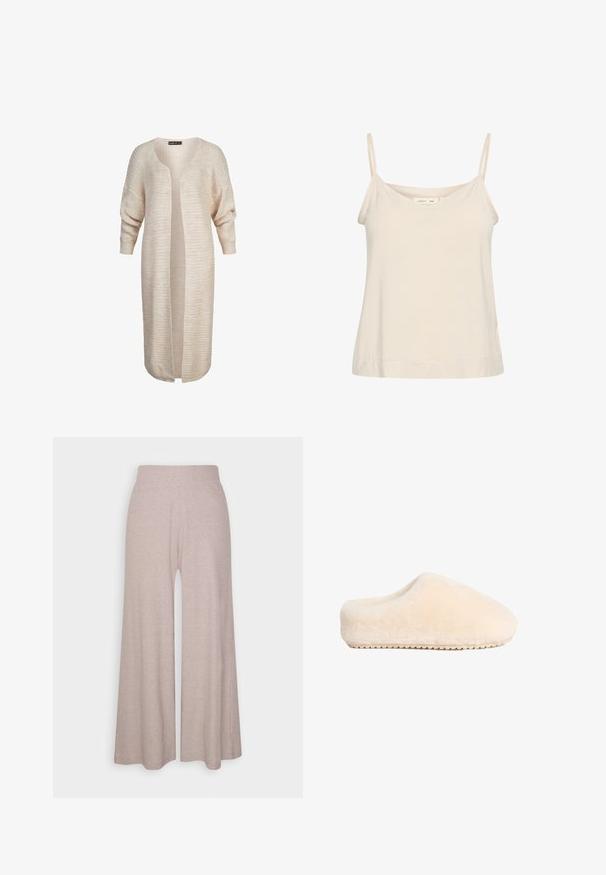 Cárdigan de punto color beige claro con un ajuste holgado, mangas largas, frente abierto y un patrón texturizado en toda su extensión. Diseño simple y versátil.; Camiseta sin mangas de color beige claro, hecha de una tela suave, con finas correas ajustables y un escote en V con un corte ligeramente relajado.; Pantalones de pierna ancha en gris claro, hechos de una suave tela de canalé, con una cinturilla alta y piernas de largo completo con una sutil textura.; Zapatillas de casa beige, suaves y esponjosas, con una suela plana sólida y una punta redondeada, que presentan un diseño sin costuras y una textura de felpa.