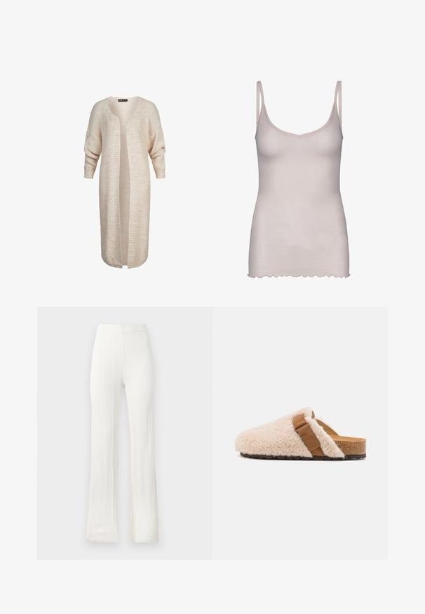 Cardigan en tricot beige clair à coupe ample, à manches longues, à l'avant ouvert et avec un motif texturé sur l'ensemble. Design simple et polyvalent.; Camisole rose clair avec des bretelles fines, fabriquée en tissu doux. Présente un décolleté en V et un ourlet festonné en bas.; Pantalons blancs évasés en tissu texturé avec des nervures verticales. Ceinture élastique, sans fermetures ni poches visibles.; Sabots en shearling beige à enfiler avec une sangle en daim marron, semelle en liège et semelle extérieure en caoutchouc texturé, conçus pour le confort et le port décontracté.