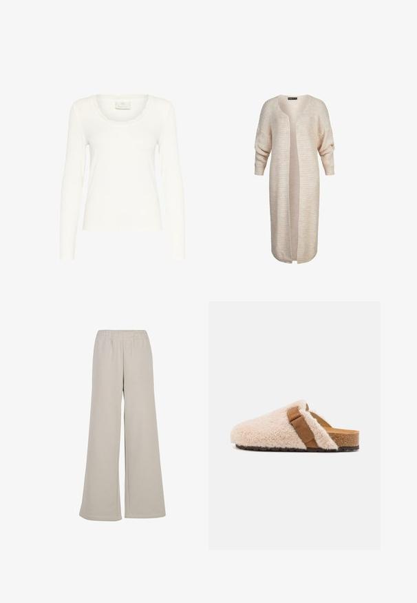 Cardigan en tricot beige clair à coupe ample, à manches longues, à l'avant ouvert et avec un motif texturé sur l'ensemble. Design simple et polyvalent.; Haut blanc à manches longues en tissu côtelé, présentant un décolleté festonné et une coupe ajustée. L'étiquette indique "KAFFE". Texture lisse.; Pantalons de survêtement large beige clair en matériau doux, avec une taille élastique et un ourlet droit et soigné.; Sabots en shearling beige à enfiler avec une sangle en daim marron, semelle en liège et semelle extérieure en caoutchouc texturé, conçus pour le confort et le port décontracté.