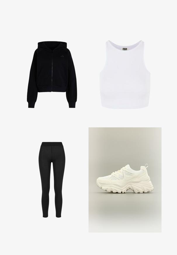 Sudadera negra con cremallera, bolsillos delanteros, puños y bajo acanalados, y un sutil logo de Adidas bordado en el pecho izquierdo.; Top corto blanco de canalé con tirantes anchos y escote redondo. Presenta una textura suave y un diseño minimalista sin patrones.; Leggings negros con una tela suave, cintura alta, diseño ajustado y sin costuras visibles, adecuados para uso casual o deportivo.; Zapatilla blanca gruesa con suela gruesa y texturizada, paneles de malla, cierre de cordones en la parte delantera y tira en el talón sobre un fondo neutro.