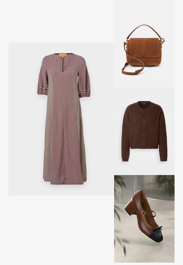 Brun cardigan lavet af blødt stof, med en rund halsudskæring, lange ærmer og fem frontknapper med en struktureret overflade.; Ruteret kjole i pink, hvid og sort. Har en v-hals, puffede ærmer og en lige silhuet. Blødt stof med en glat tekstur.; Brun læder Mary Jane-hæl med sort tåhætte, sort sløjfe, guldbeslået strop og blokhæl på lys tekstureret gulv.; Brun ruskinds crossbody taske med en top-håndtag, forreste klap og hardware i guldton. Har et læderaccent ved bunden af klappen.