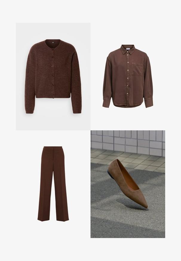 Brauner Cardigan aus weichem Stoff, mit rundem Ausschnitt, langen Ärmeln und fünf Frontknöpfen mit strukturierter Oberfläche.; Braunes langärmliges Hemd mit Knöpfen, Kragen, Brusttasche auf der linken Seite und Druckknöpfen vorne.; Braune weit geschnittene Hosen mit glatter Textur, die einen strukturierten Taillenbund und subtile Falten auf der Vorderseite aufweisen.; Brauner Wildleder-Spitzenschuh flach schwebend über Asphalt mit gefliester Wand und Gehweg im Hintergrund.