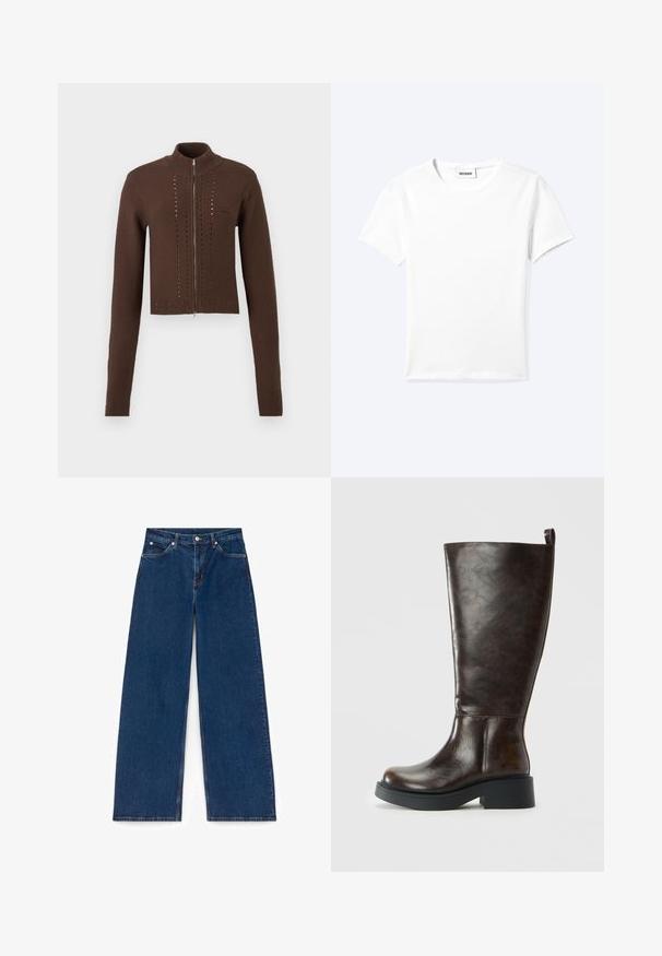 Bruine gebreide sweater met rits en lange mouwen. Voorzien van een hoge kraag en horizontale opengewerkte details aan de voorkant. Geribbelde boorden en zoom.; Effen wit T-shirt met korte mouwen en ronde hals met een klein "WEEKDAY" label aan de binnenkant van de hals, plat neergelegd op een lichte achtergrond.; Donkere blauwe denim wijde pijpen jeans met voorkantenzakken, riemlussen, knoopsluiting en zichtbare stiksels op een witte achtergrond.; Donkerbruine leren kniehoog laars met een ronde neus, stevige zwarte zool, lage blokhak en een trekknoop aan de bovenkant achter.