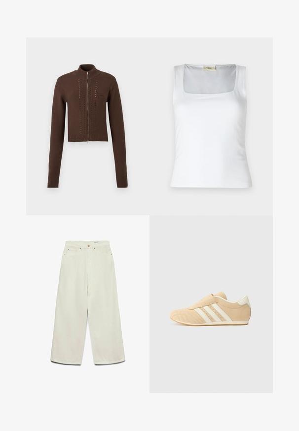 Pull marron en maille avec fermeture éclair et manches longues. Il présente un col haut et des détails horizontaux ajourés sur le devant. Poignets et ourlet côtelés.; Débardeur blanc à encolure carrée fabriqué en tissu lisse. Présente des bretelles larges et une silhouette ajustée. Aucune motif ou ornement visible.; Pantalon crème à jambes larges et taille haute, avec poches avant, passants pour ceinture, et fermeture par bouton.; Baskets de sport beiges et crème avec une tige en cuir lisse, trois rayures blanches sur le côté et un bout arrondi. Tige texturée avec des perforations.