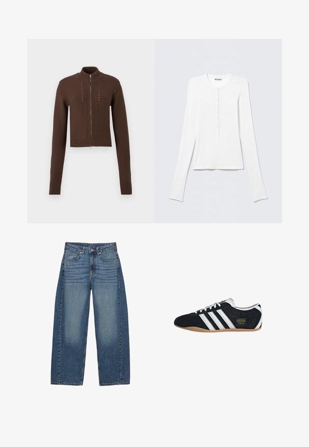 Pull marron en maille avec fermeture éclair et manches longues. Il présente un col haut et des détails horizontaux ajourés sur le devant. Poignets et ourlet côtelés.; Chemise Henley blanche à manches longues avec col rond et une rangée verticale de petits boutons au centre devant.; Jean bleu à large jambe en denim, avec un design classique à cinq poches, un lavage délavé et des coutures ton sur ton.; Sneakers en suede noir avec trois bandes blanches, logo doré et semelle en caoutchouc marron. Présente un design à lacets à profil bas.