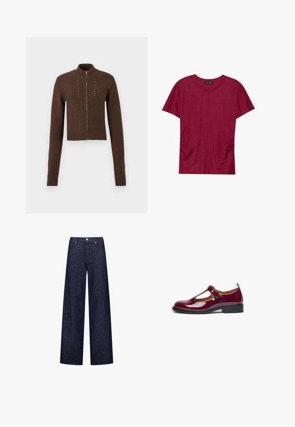 Bruine gebreide sweater met rits en lange mouwen. Voorzien van een hoge kraag en horizontale opengewerkte details aan de voorkant. Geribbelde boorden en zoom.; Bordeaux kortebril T-shirt met ronde hals, met geplooide zijnaad en een gladde textuur. Gemaakt van lichtgewicht, zachte stof.; Brede denim broek met een donkerblauw en wit verticaal gestreept patroon, voorzien van twee voorzakken en een klassieke knoopsluiting.; Bordeaux patentleren Mary Jane-schoen met een ronde neus, T-band, verstelbare gesp en lage blokhak. Zachtere textuur en eenvoudig ontwerp.