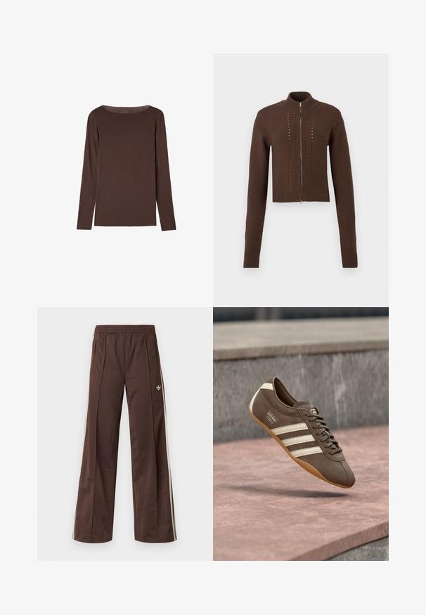 Pull marron en maille avec fermeture éclair et manches longues. Il présente un col haut et des détails horizontaux ajourés sur le devant. Poignets et ourlet côtelés.; Chemise marron à manches longues avec un col rond, au design simple et ajusté, sans motifs ni logos visibles.; Pantalon de sport marron à jambes larges, avec des bandes blanches sur les côtés, une taille élastique et deux poches latérales. Présente un petit logo sur la jambe.; Baskets en daim marron avec des rayures blanches et un logo, dotées d'un bout rond et d'une semelle en caoutchouc gomme, suspendues au-dessus d'une surface texturée.