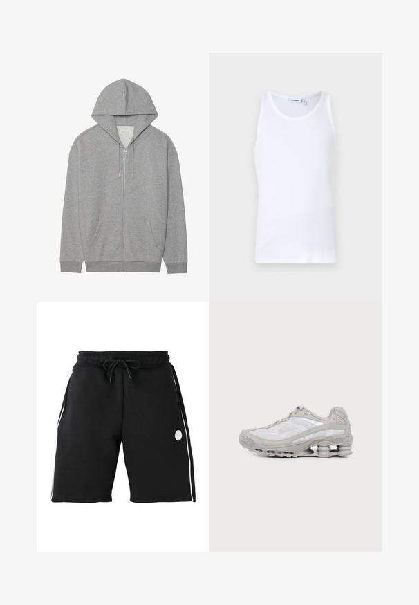 Grå zip-up hoodie med stor hætte, frontlomme og ribbede manchetter. Lavet af blødt, struktureret stof med en afslappet pasform.; Hvid bomulds tanktop med rund hals og brede stropper. Glat tekstur, ingen mønstre, enkelt design og mærkeetiket på halsudskæringen.; Sorte knælange shorts med elastisk linning og snøre, hvide verticale sidestriber og lille rundt logo på venstre lår.; Grå og hvid atletiksko med mesh-paneler, snørelukning og en unik fjedrende sål til stødabsorbering og støtte.