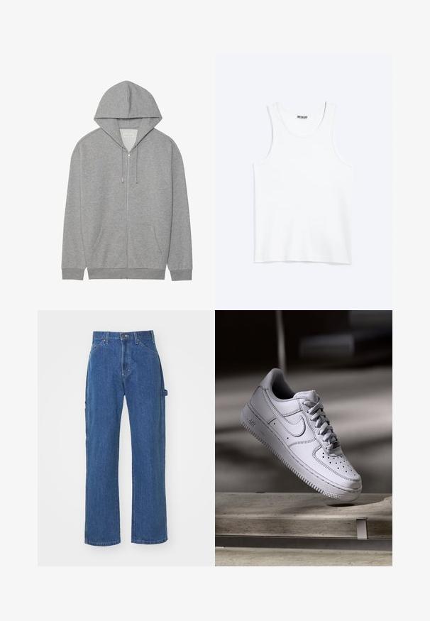 Sweat-shirt zippé gris avec une grande capuche, poches avant et poignets côtelés. Fabriqué en tissu doux et texturé avec une coupe décontractée.; Débardeur blanc sans manches avec col rond et étiquette de la marque Weekday à l'intérieur du col arrière, présenté à plat sur un fond clair.; Jeans en denim bleu avec une coupe décontractée et une jambe droite, comprenant des poches avant et arrière et une fermeture à bouton à la taille.; La basket Nike Air Force 1 en cuir blanc présente un embout perforé, des lacets plats et une semelle en caoutchouc texturée avec le logo « AIR » sur le côté.