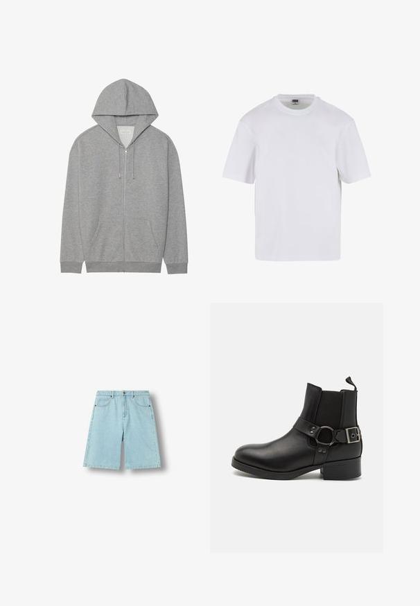 Grauer Reißverschluss-Hoodie mit einer großen Kapuze, Vordertaschen und gerippten Bündchen. Hergestellt aus weichem, strukturiertem Stoff mit lockerer Passform.; Weißes T-Shirt mit kurzen Ärmeln aus Baumwolle. Besitzt einen Rundhalsausschnitt und eine lockere Passform. Glatte Textur, minimalistisches Design, ohne Muster oder Akzente.; Hellblaue Denim-Shorts mit Vordertaschen, Gürtelschlaufen und Knopfverschluss, flach auf weißem Hintergrund ausgelegt.; Steve Madden ANTONN - Cowboy-/Bikerstiefelette - black
