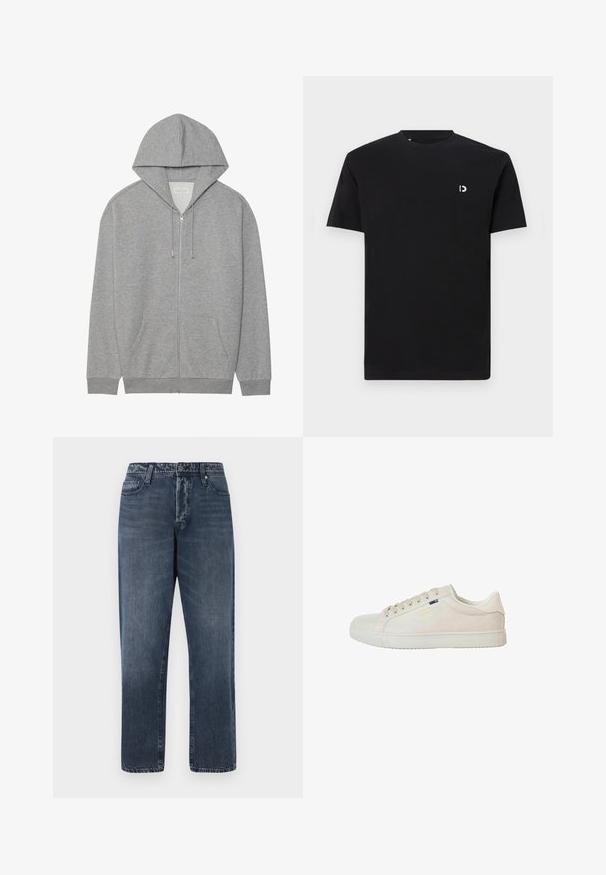 Grijze zip-up hoodie met een grote capuchon, voorzakken en geribbelde manchetten. Gemaakt van zacht, textuurstof met een relaxte pasvorm.; Zwarte katoenen T-shirt met korte mouwen, ronde halslijn en een klein wit logo op de linkerkant van de borst. Glad textuur, eenvoudig ontwerp.; Jack & Jones Loose-fit JJIEDDIE JJORIGINAL SQ 227 - Baggy jeans - blue denim; Lichtbeige sneaker van gestructureerd suede, met een witte rubberen zool, veter sluiting aan de voorkant en minimale merkaanduiding aan de zijkant.