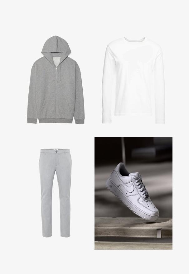 Grå zip-up hoodie med stor hætte, frontlomme og ribbede manchetter. Lavet af blødt, struktureret stof med en afslappet pasform.; Langærmet hvid t-shirt lavet af blød bomuld. Rund halsudskæring med lige skårne kanter og ingen synlige mønstre eller grafikker.; Lysegrå bukser lavet af vævet stof, med flad front, knaplukning og lige ben. Rene linjer og minimal dekoration.; Hvid læder Nike Air Force 1 sneaker med perforeret tå, flade snørebånd og tekstureret gummisål med "AIR" branding på siden.