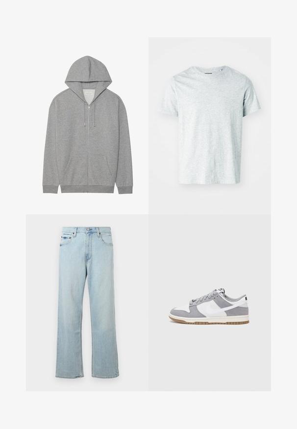 Grå zip-up hoodie med stor hætte, frontlomme og ribbede manchetter. Lavet af blødt, struktureret stof med en afslappet pasform.; Lys grå, kortærmet t-shirt lavet af blødt stof, med en rund hals og en let afslappet pasform. Ingen synlige mønstre eller grafik.; Lyseblå denimjeans med en løs, bred bendesign. Har fem lommer, bæltestropper og en lynlås med knaplukning.; Nike-sneakers har en øverste del i gråt ruskind og hvidt læder med perforeringer, runde snørebånd og en gummisål for greb.