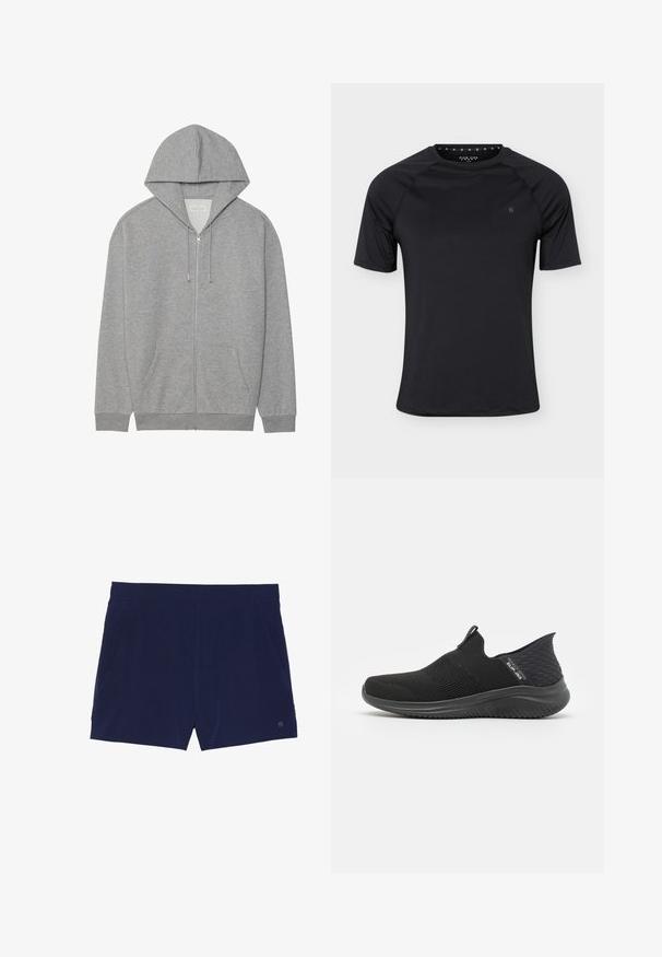 Sweat-shirt zippé gris avec une grande capuche, poches avant et poignets côtelés. Fabriqué en tissu doux et texturé avec une coupe décontractée.; T-shirt de sport noir à manches courtes avec col rond et petit logo sur la poitrine gauche, présenté sur un fond clair uni.; Shorts de bain bleu marine en tissu léger, dotés d'une taille élastique et de deux poches latérales pour le rangement.; Chaussures noires à enfiler avec une tige en maille respirante, un design texturé, une semelle flexible et une semelle intérieure lisse et rembourrée.