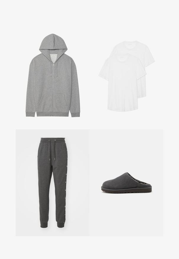Sweat-shirt zippé gris avec une grande capuche, poches avant et poignets côtelés. Fabriqué en tissu doux et texturé avec une coupe décontractée.; Deux T-shirts blancs à manches courtes en coton, dotés d'un col rond, d'une texture douce et d'un design simple et sans ornement.; Pantalon de survêtement gris en tissu doux, avec une taille élastique à cordon de serrage, des poignets aux chevilles et des boutons-pression sur les côtés pour un accès facile.; Chausson en daim gris foncé à enfiler avec semelle épaisse en caoutchouc et doublure en polaire douce, conçu pour le confort à l'intérieur.