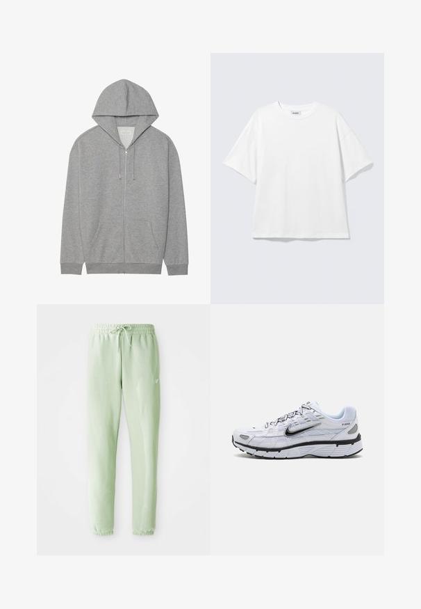 Grå zip-up hoodie med stor hætte, frontlomme og ribbede manchetter. Lavet af blødt, struktureret stof med en afslappet pasform.; Hvid oversized t-shirt med korte ærmer og rund halsudskæring med sænkede skuldre, fladt lagt på lys grå baggrund.; Lys grønne sweatpants lavet af blødt bomuld, med elastisk talje med snøre og tapered ben, afsluttet med samlede manchetter.; Hvide løbesko med mesh-overdel, rund tå, sorte accenter og mønstret sål. Har snøring og branding på siden.
