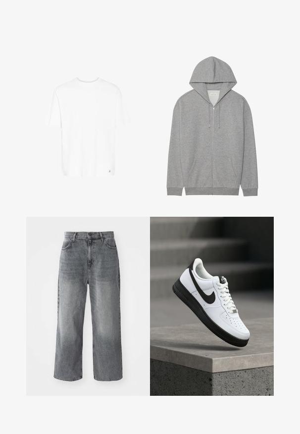 Sudadera gris con cremallera y capucha grande, bolsillos frontales y puños acanalados. Fabricada en un tejido suave y texturado con un corte holgado.; Camiseta blanca de manga corta en una suave mezcla de algodón. Presenta un cuello redondo y un logotipo sutil en el dobladillo inferior. Corte recto y ajuste relajado.; Jeans de mezclilla gris de pierna ancha con textura desgastada, cinco bolsillos y cierre de botón en la parte frontal. Corte recto que se extiende desde la cintura hasta el dobladillo.; Zapatilla deportiva de cuero blanco con detalles en negro, punta redondeada y detalles perforados. Suela de goma negra con patrón texturizado y cierre de cordones.