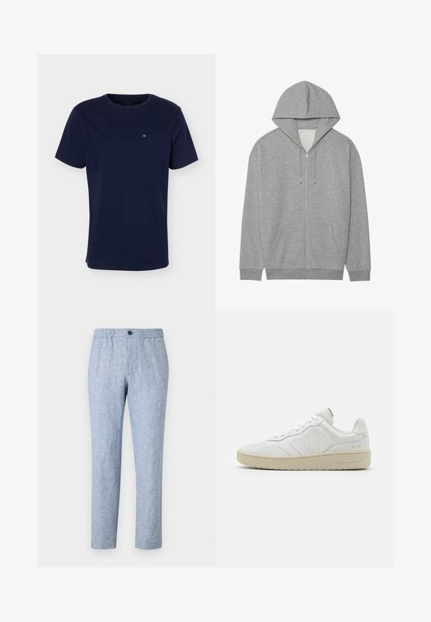 Sudadera gris con cremallera y capucha grande, bolsillos frontales y puños acanalados. Fabricada en un tejido suave y texturado con un corte holgado.; Camiseta azul marino de manga corta con cuello redondo y bolsillo en el pecho que muestra un pequeño logo sobre un fondo liso.; Pantalones de mezcla de lino azul claro con cinturilla elástica y cierre de botón único. Diseño de pierna recta, tejido texturizado, sin patrones.; Zapatillas blancas de cuero con un acabado texturizado y cuello acolchado. Cuentan con una suela de goma beige y un sutil logotipo en el talón y el lado.