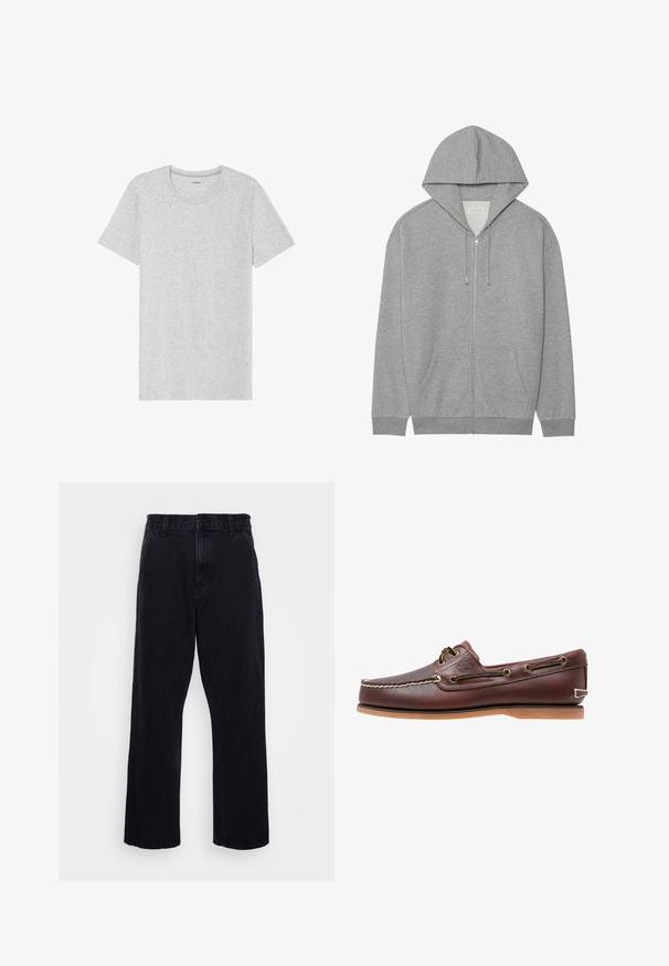 Grauer Reißverschluss-Hoodie mit einer großen Kapuze, Vordertaschen und gerippten Bündchen. Hergestellt aus weichem, strukturiertem Stoff mit lockerer Passform.; Graues kurzärmliges T-Shirt aus einem weichen, leichten Stoff. Gerader Saum, klassisches Rundhalsausschnitt-Design und dezente Melange-Textur.; Schwarze Jeanshose mit geradem Bein, ausgestattet mit einem Knopf- und Reißverschluss, Gürtelschlaufen und minimalen Nähdetails.; Brauner Leder-Bootsschuh mit weißen Nähten, Schnürdetails und hellbrauner Gummisohle, seitlich auf weißem Hintergrund gezeigt.