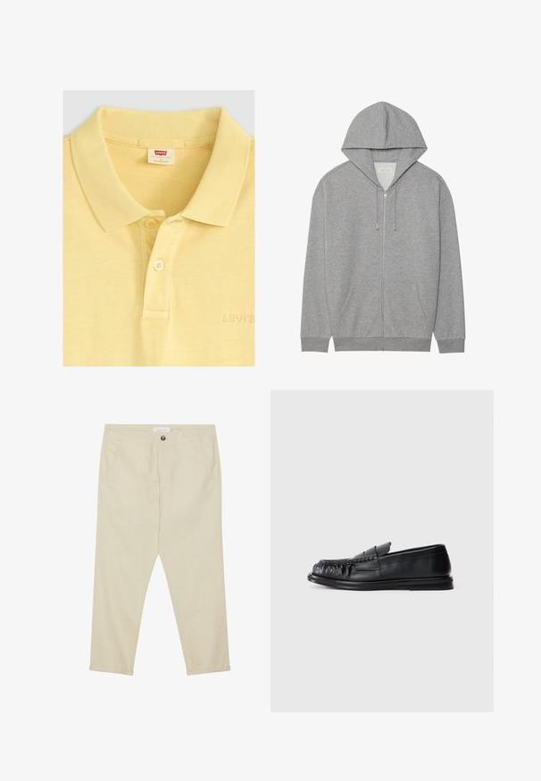 Grijze zip-up hoodie met een grote capuchon, voorzakken en geribbelde manchetten. Gemaakt van zacht, textuurstof met een relaxte pasvorm.; Levi's® Poloshirt - acacius stripe egret; Beige katoenen broeken met een rechte snit, voorzakken en een knoopsluiting. Enkel lengte met een gladde textuur.; Zwarte leren loafers met een ronde, geplooide neus en een platte zool op een effen witte achtergrond.