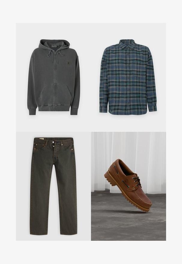 Donkergrijze hoodie met ritssluiting, capuchon met trekkoord, kangaroezak aan de voorkant, geribbelde manchetten en een klein Carhartt-logo op de borst.; Button-up flanellen overhemd in marineblauw met een ruitpatroon. Heeft lange mouwen, een puntkraag en de stof is zacht en licht geborsteld.; Donkergroene jeans gemaakt van denim, met een rechte pijp, vijf zakken, hardware in kopertint en een subtiel waspatroon.; Bruine leren bootschoen met zwarte veters, beige stiksel en een robuuste zool, zwevend boven een grijze betonnen vloer.