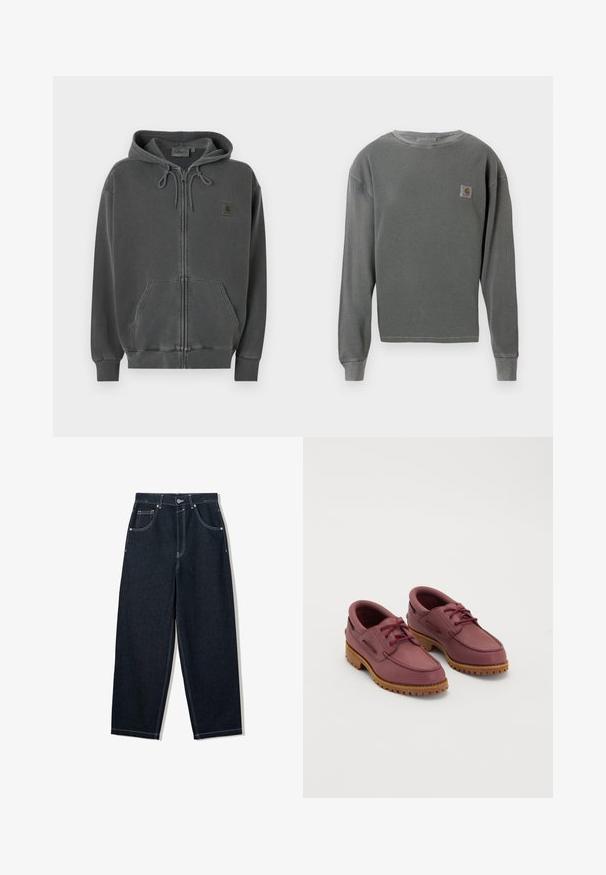 Donkergrijze hoodie met ritssluiting, capuchon met trekkoord, kangaroezak aan de voorkant, geribbelde manchetten en een klein Carhartt-logo op de borst.; Grijze langekatoenen sweatshirt met crewneck en ribbeltextuur, voorzien van een klein vierkant logopatch op de linkerborst en ribgebreide manchetten.; Donkerindigo jeans met rechte pijpen, witte contrasterende stiksels, ontwerp met vijf zakken en metalen knoopsluiting in de taille.; Een paar wijnrode leren bootschoenen met dikke tan rubberen zolen en rode veters op een witte achtergrond.