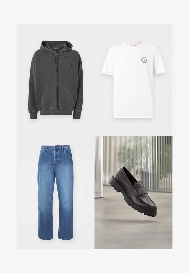 Donkergrijze hoodie met ritssluiting, capuchon met trekkoord, kangaroezak aan de voorkant, geribbelde manchetten en een klein Carhartt-logo op de borst.; Witte T-shirt met korte mouwen en een ronde hals met klein kastanjebruin wapenlogo op de linkerborst met letters en lauwerkrans.; Denim jeans in medium blue, met een rechte pijp, traditionele vijf-pocketstijl en een klassieke knoop- en ritssluiting.; Bruine leren instapschoen met een afgeronde neus en een stevige zwarte rubberen zool. Voorzien van een decoratief bandje over de wreef.