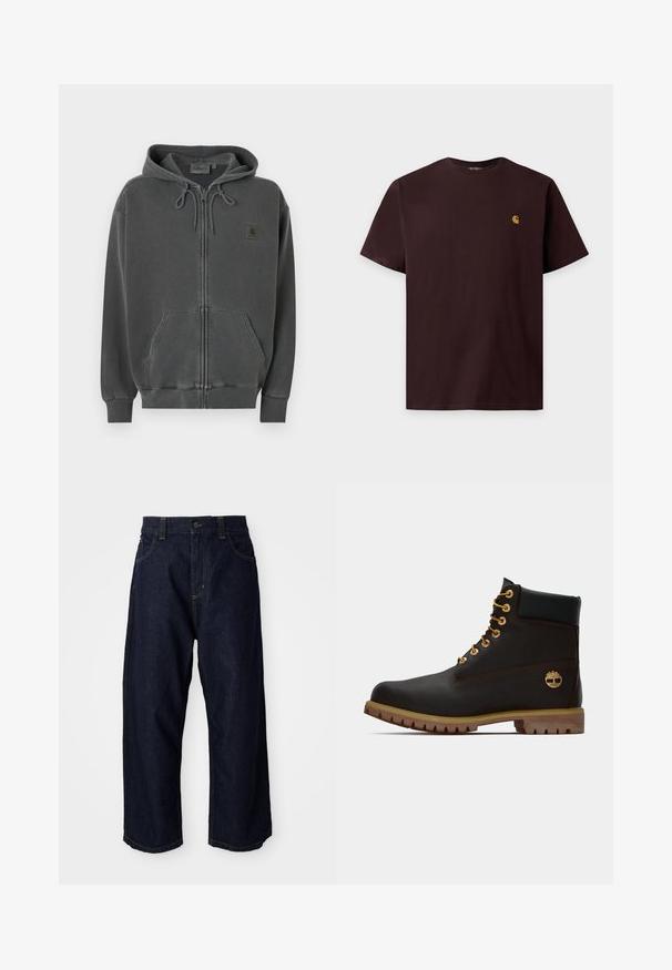 Mørkegrå lynlåshoodie med justerbar snøre i hætten, frontlomme i kængurustil, ribstrikkede manchetter og et lille Carhartt-logo på brystet.; Mørkebrunt kortærmet bomulds-T-shirt med et lille gult Carhartt-logo på venstre bryst mod en ensfarvet hvid baggrund.; Mørkeblå denimbukser med en afslappet pasform, der har en knapclosure, bæltestropper og gule syninger på lommer og sømme.; Sorte læder ankelstøvle med gyldne øjer, brune detaljer og gummisål. Har en polstret krave og præget logo på siden.