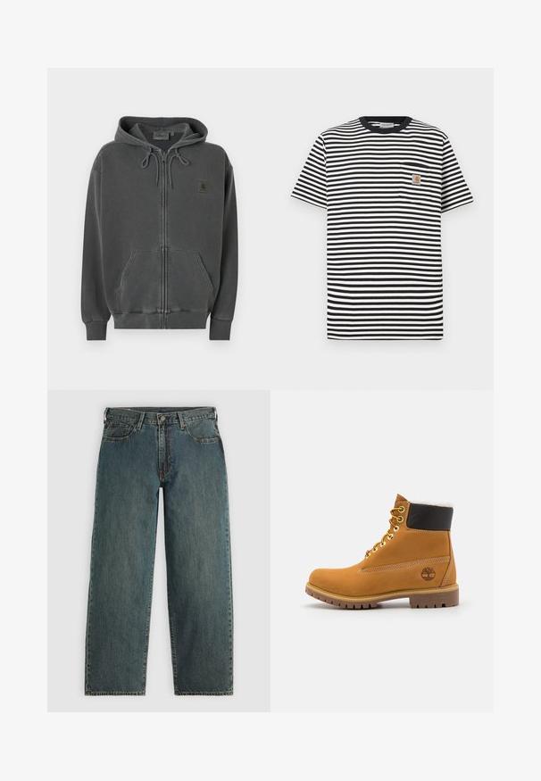 Mørkegrå lynlåshoodie med justerbar snøre i hætten, frontlomme i kængurustil, ribstrikkede manchetter og et lille Carhartt-logo på brystet.; Sort-hvidt stribet t-shirt med rund hals, korte ærmer og venstre brystlomme med logo-patch. Blødt bomuldstof.; Mørkeblå straight-leg denim jeans med knap- og lynlås-lukning, forlommer og bæltestropper på en lys grå baggrund.; Brune læder ankelstøvle med metaløjer, hvid pelsforing, sort polstret krave, robust sål og præget logo på siden.