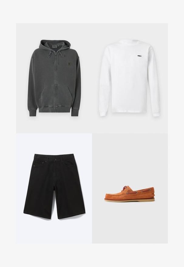 Sudadera con capucha de cremallera en gris oscuro, con cordón en la capucha, bolsillo frontal tipo canguro, puños acanalados y un pequeño parche con el logotipo de Carhartt en el pecho.; Camiseta blanca de manga larga con cuello redondo y pequeño logo de texto negro "OBEY" en la parte superior izquierda del pecho, mostrada sobre un fondo liso.; Pantalones cortos vaqueros negros hasta la rodilla con botón frontal, trabillas para cinturón y cinco bolsillos, mostrados sobre un fondo blanco.; Zapato náutico de ante naranja con punta redondeada, cordones en contraste, costura decorativa y suela de goma. Vista lateral con detalles mínimos.