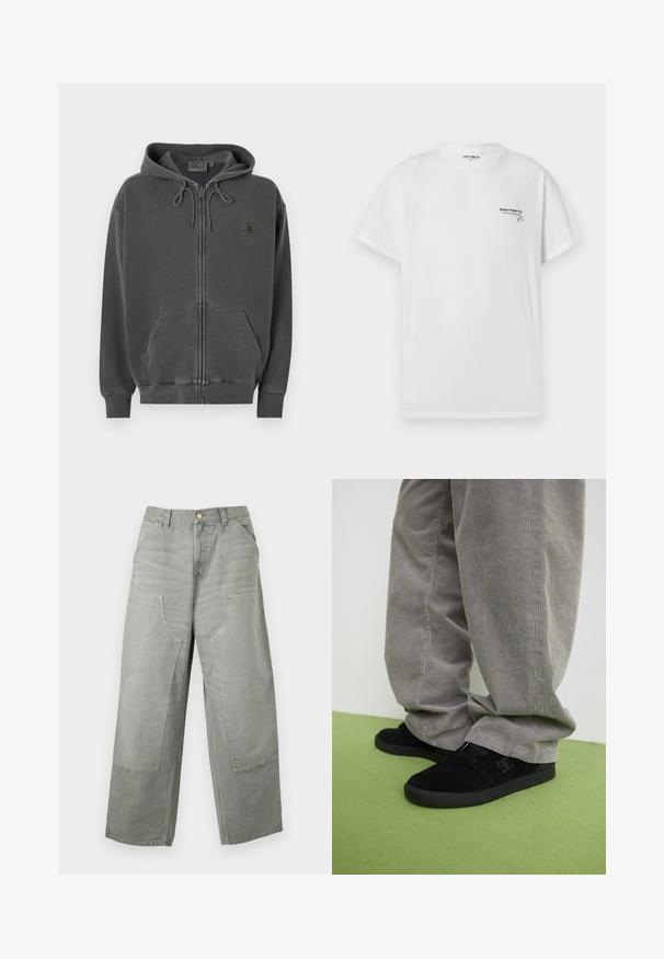 Sweat à capuche gris foncé zippé avec capuche à cordon, poche kangourou à l'avant, poignets côtelés et un petit patch logo Carhartt sur la poitrine.; T-shirt blanc à manches courtes en coton avec un col rond. Présente un petit logo noir imprimé sur la poitrine gauche. Coupe standard.; Pantalon gris taille haute, coupe ample, jambes larges, grandes poches plaquées devant, passants pour ceinture et fermeture par bouton.; Chaussures de skating en suede noir avec une finition texturée et un logo, associées à un pantalon en velours côtelé gris présentant une texture côtelée. Surface de sol verte.
